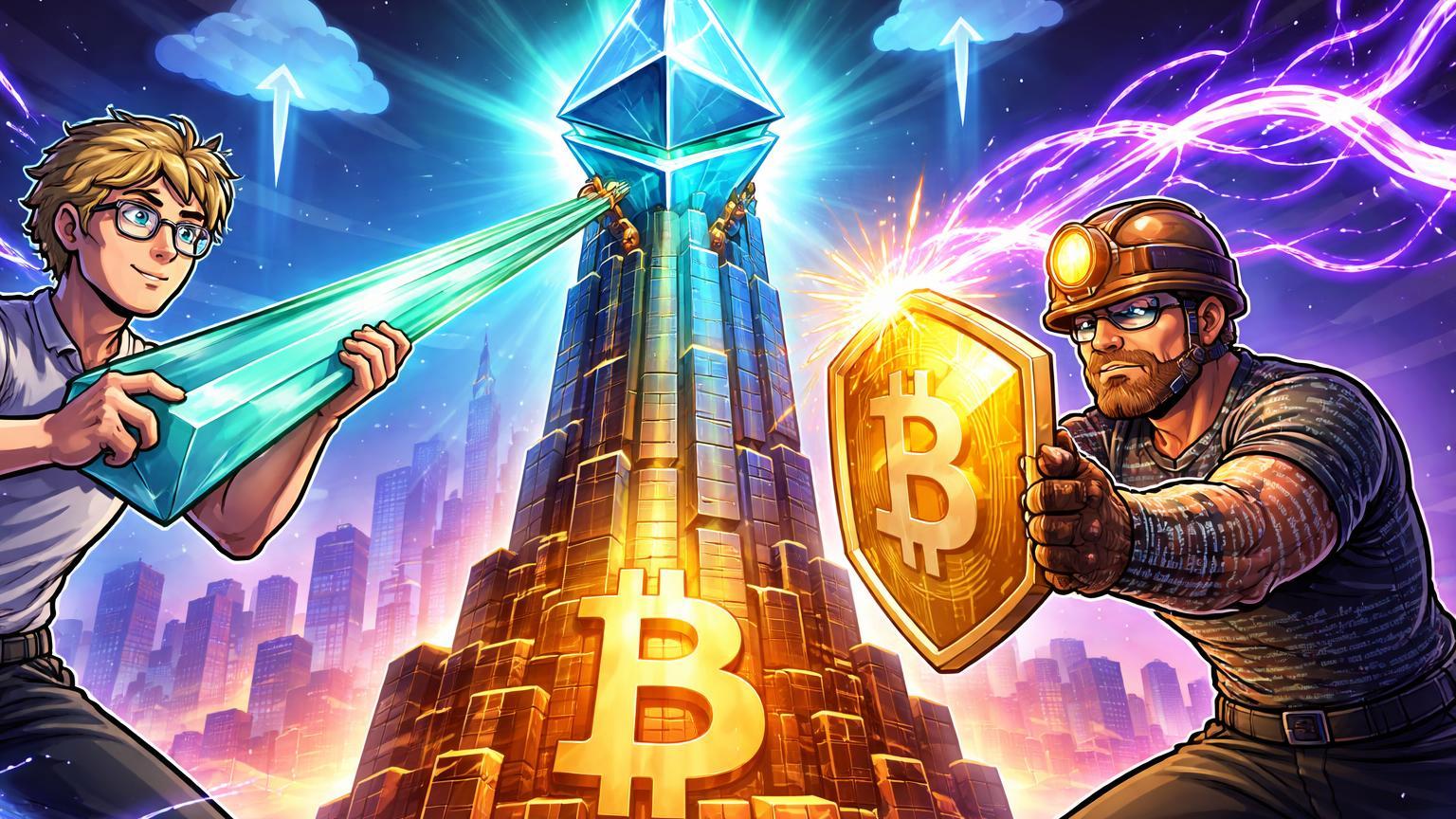 Personagens cartoon de Vitalik e dev Bitcoin construindo torre híbrida escalável com escudo quântico, simbolizando roadmap de escala Ethereum e segurança Bitcoin