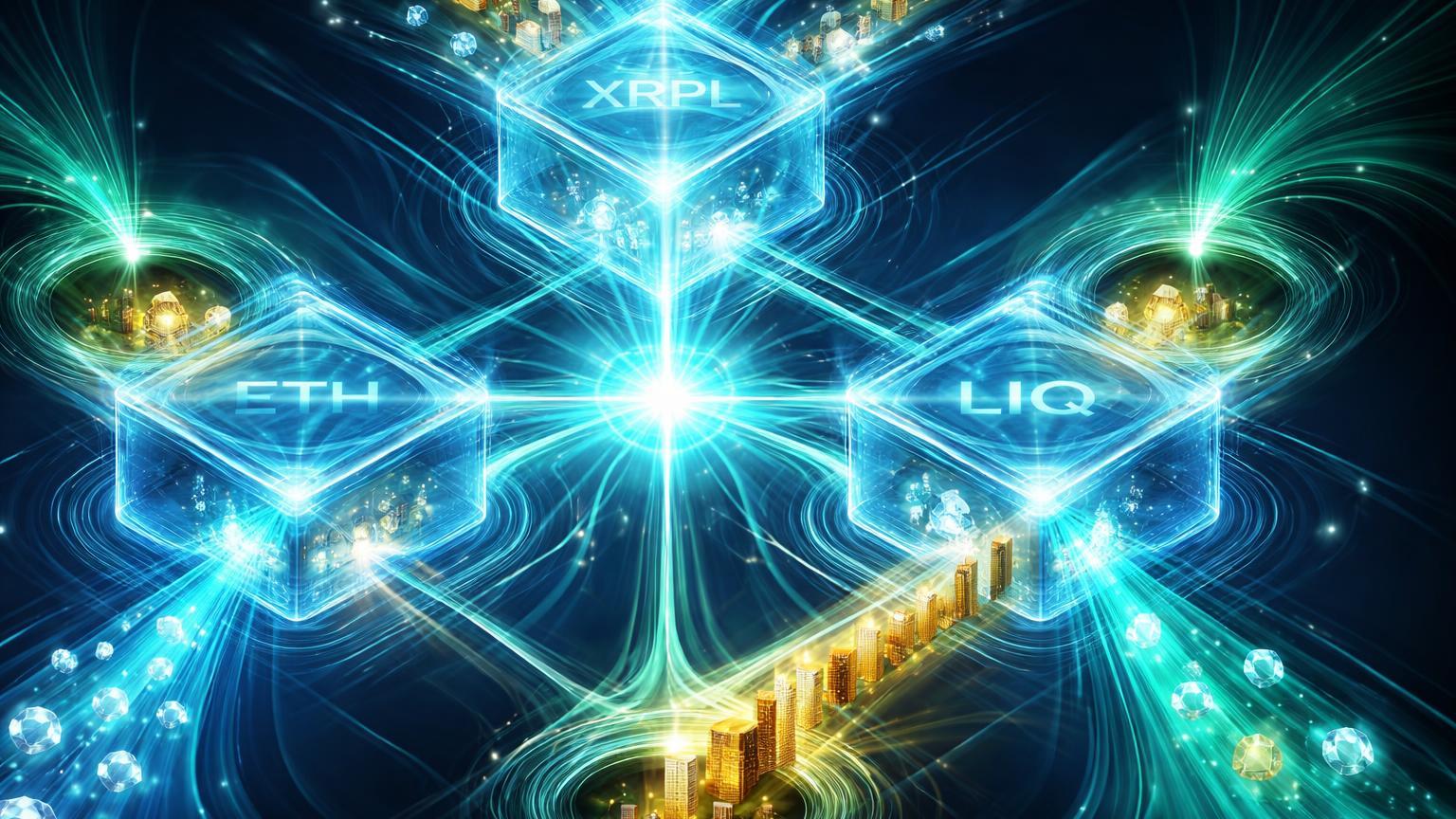 Rede glassmorfica interconectada com diamantes e predios dourados fluindo para dentro, simbolizando tokenizacao de US$ 5 bi em RWAs no Ethereum, XRPL e Liquid