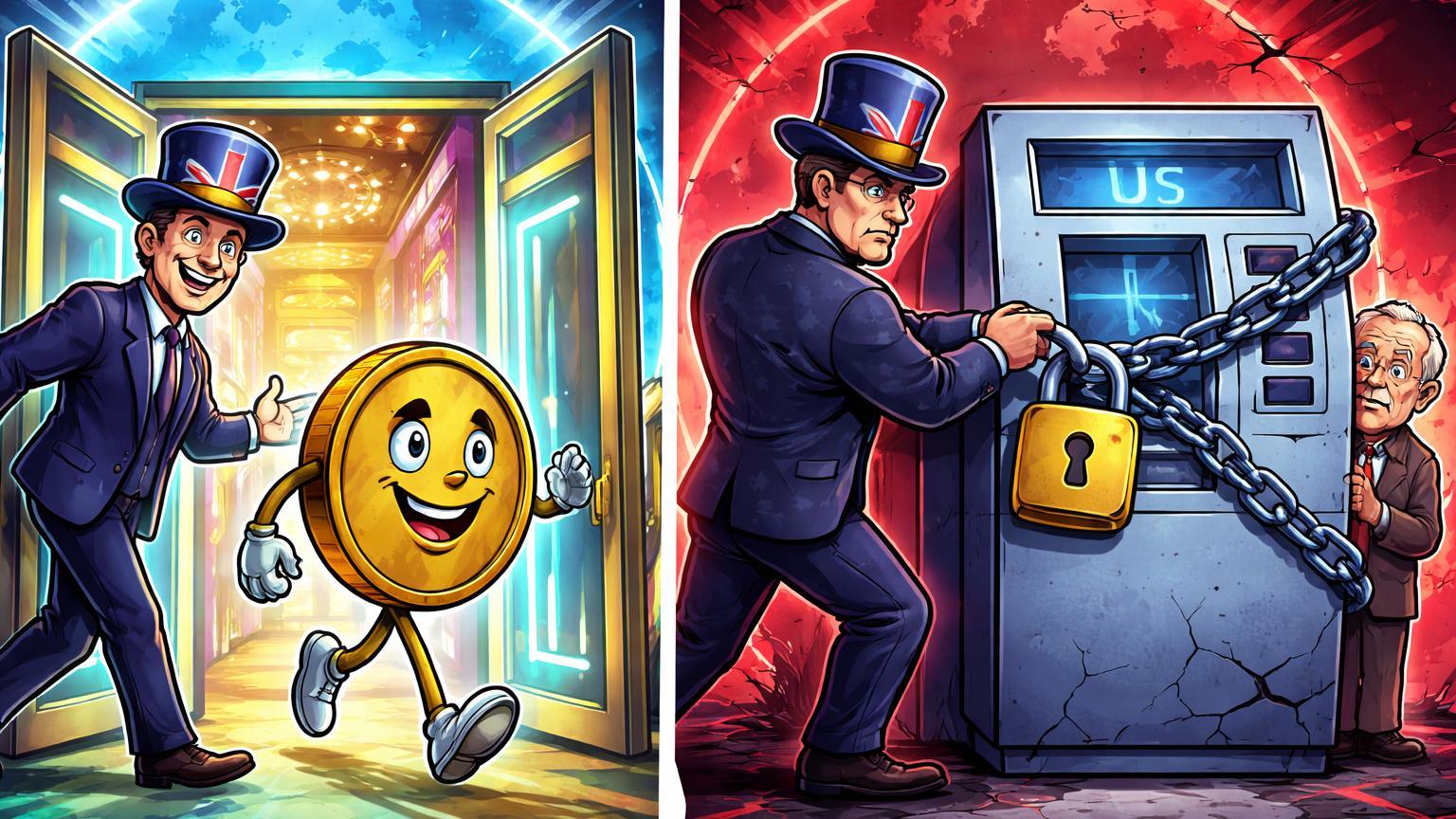 Cena cartoon dividida: regulador UK abrindo cassino para cripto e EUA trancando ATM protegendo idoso, ilustrando tensões regulatórias globais