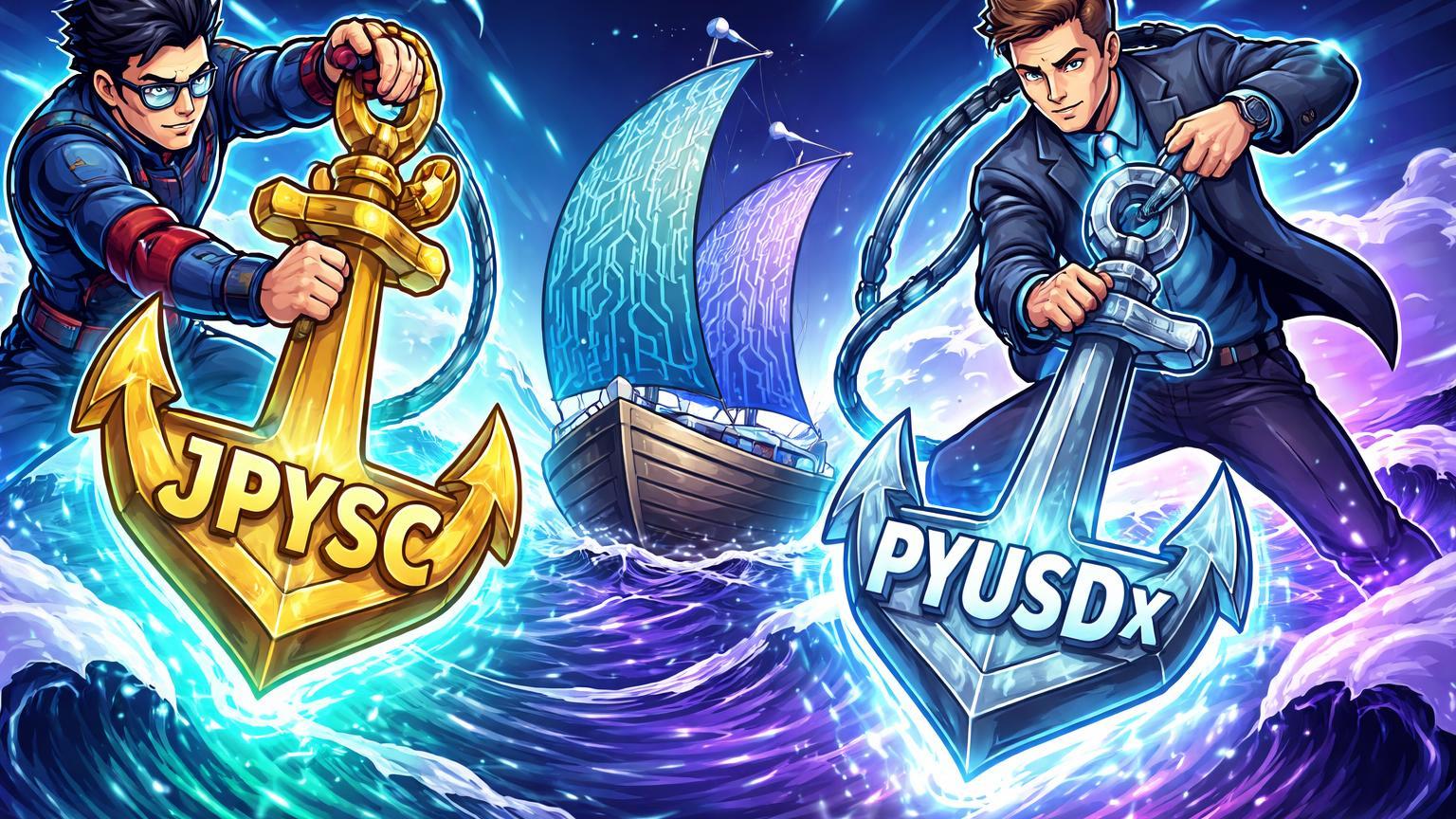 Personagens cartoon de SBI e PayPal lançando âncoras JPYSC e PYUSDx em oceano volátil, simbolizando estabilidade de stablecoins bancárias em 2026
