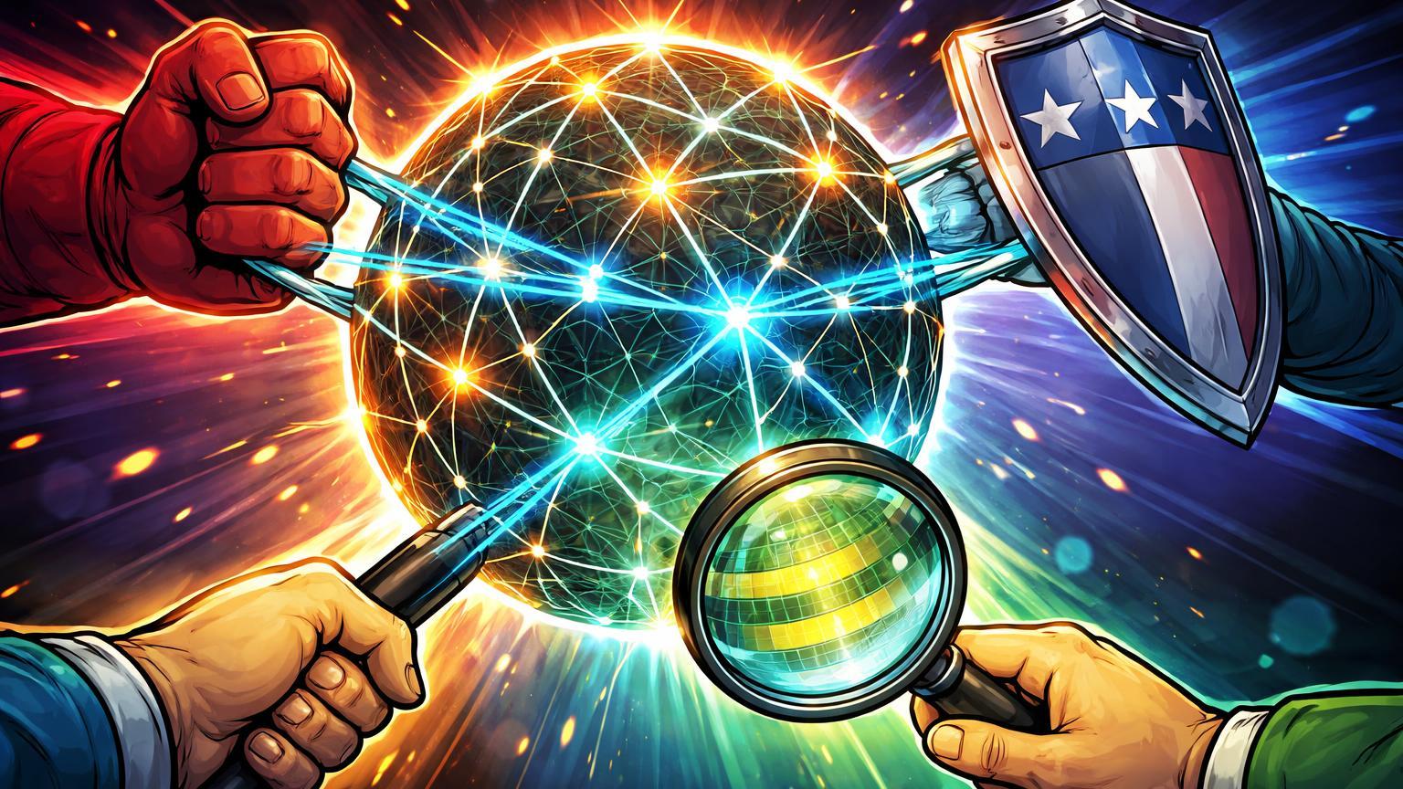 Rede blockchain tensionada por punho russo limitador, escudo EUA protetor e lupa argentina, ilustrando controle geopolítico sobre cripto