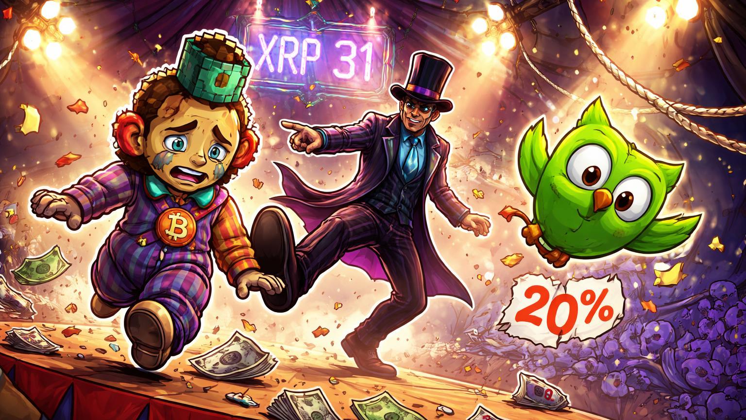 Cena cartoon de circo caótico: palhaço Bitcoin chutado por Magic Eden para Solana, Duolingo caindo 20% e cartaz XRP $31, satirizando loucura do mercado