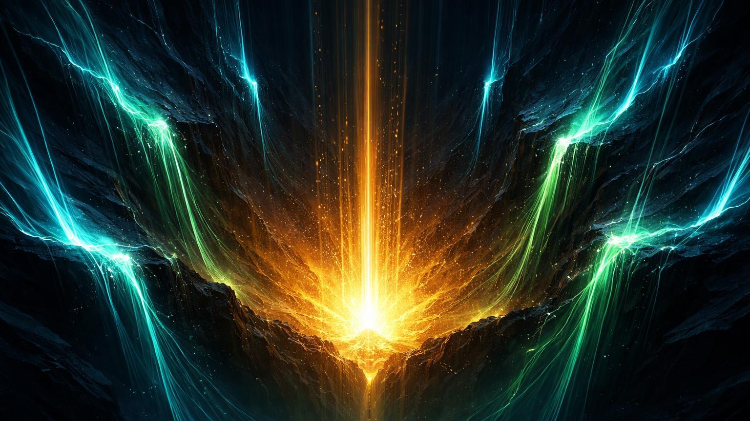 Abismo digital com nüleo dourado no fundo e fluxos cyan convergindo, simbolizando acumulação no Bitcoin e sinais de fundo via Coinbase