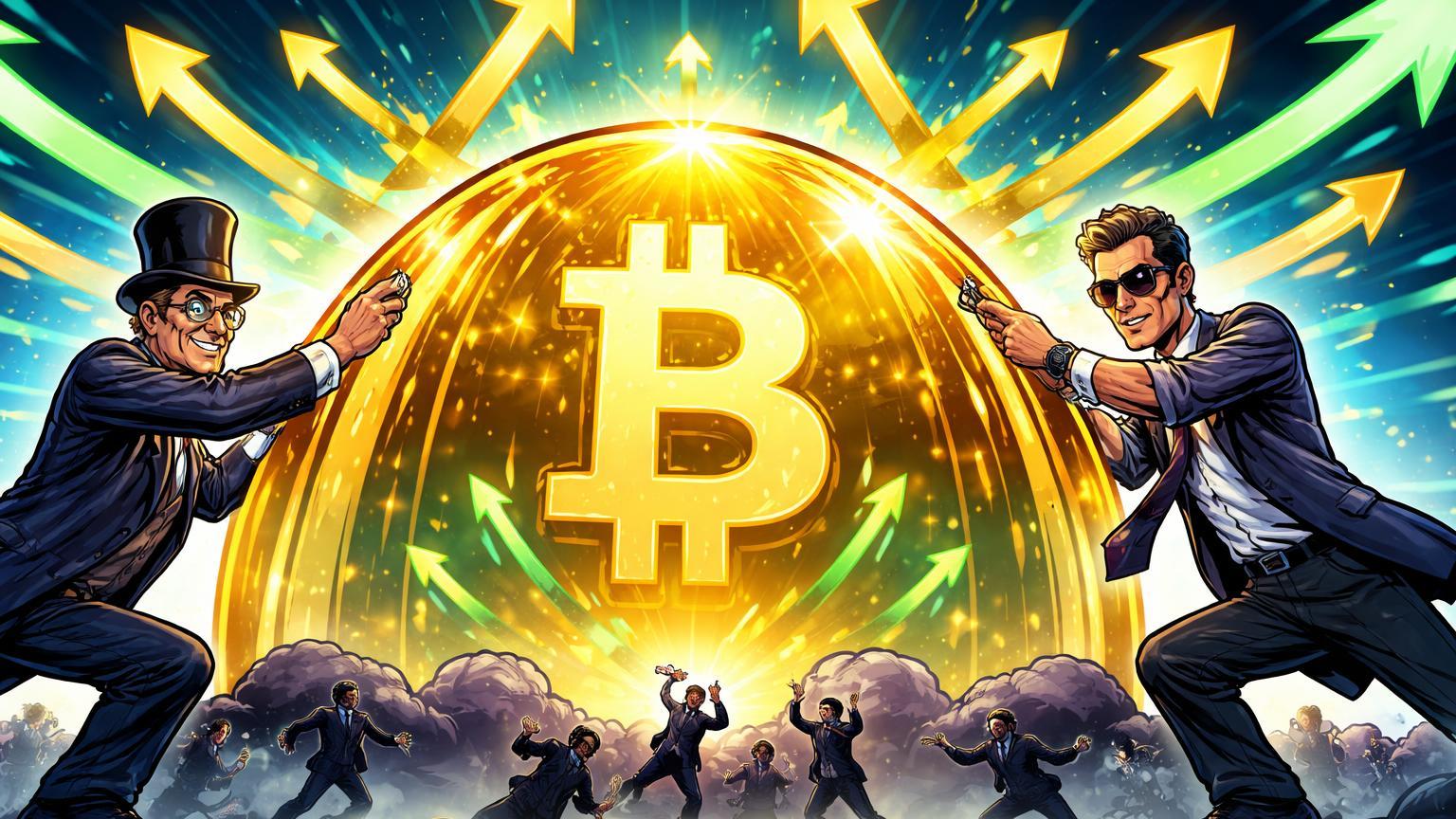 Executivos cartoon Wall Street expandindo cûpula protetora de Bitcoin com influxos ETFs, ignorando volatilidade do varejo abaixo