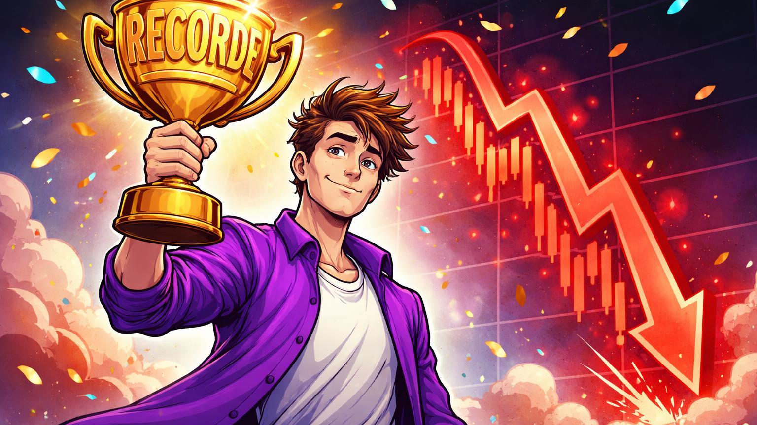 Executivo cartoon com troféu de lucro recorde enquanto gráfico de ações despenca, simbolizando resultados mistos do Nubank com queda de 9% nas ações