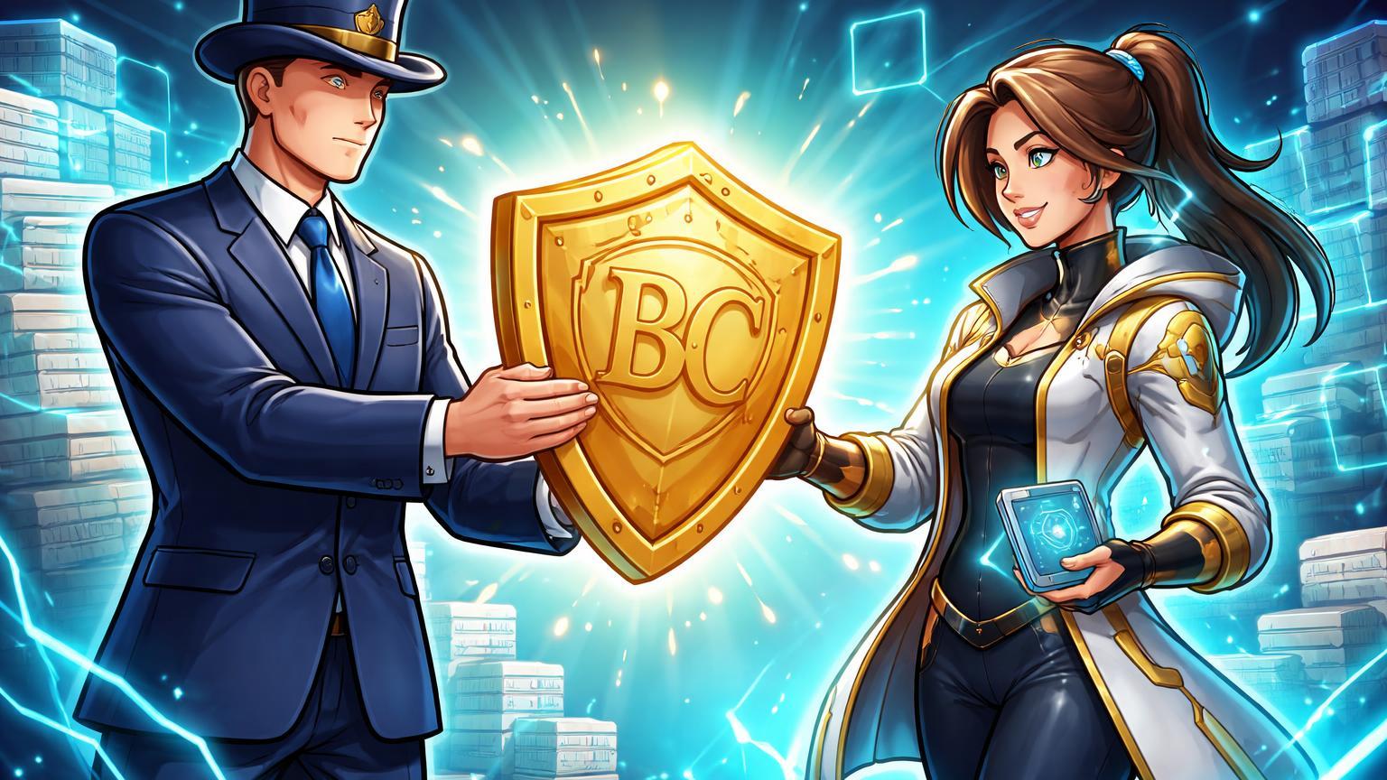 Representante do Banco Central cartoon entregando escudo dourado com selo BC a corretora cripto, simbolizando regras protetoras para fundos no Brasil