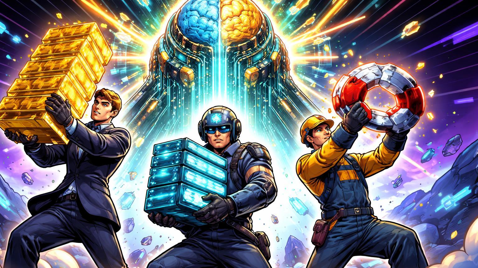 Executivos cartoon de big tech elevando estrutura de IA com investimentos dourados e servidores cyan, simbolizando mega-rodada da OpenAI