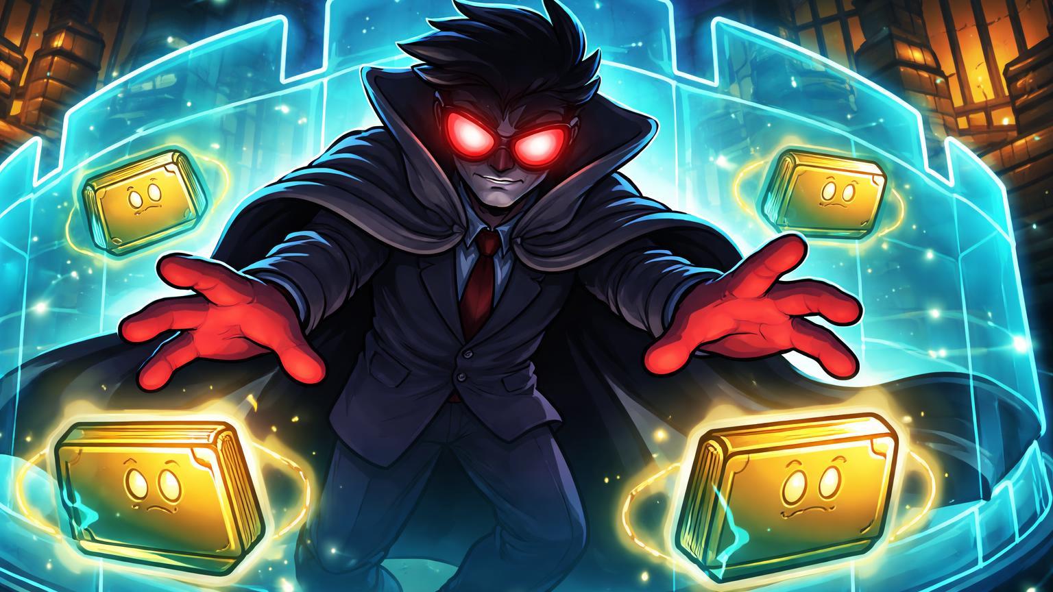 Personagem cartoon traidor com olhos espiões acessando carteiras privadas em fortaleza digital, expondo insider trading e riscos na Axiom