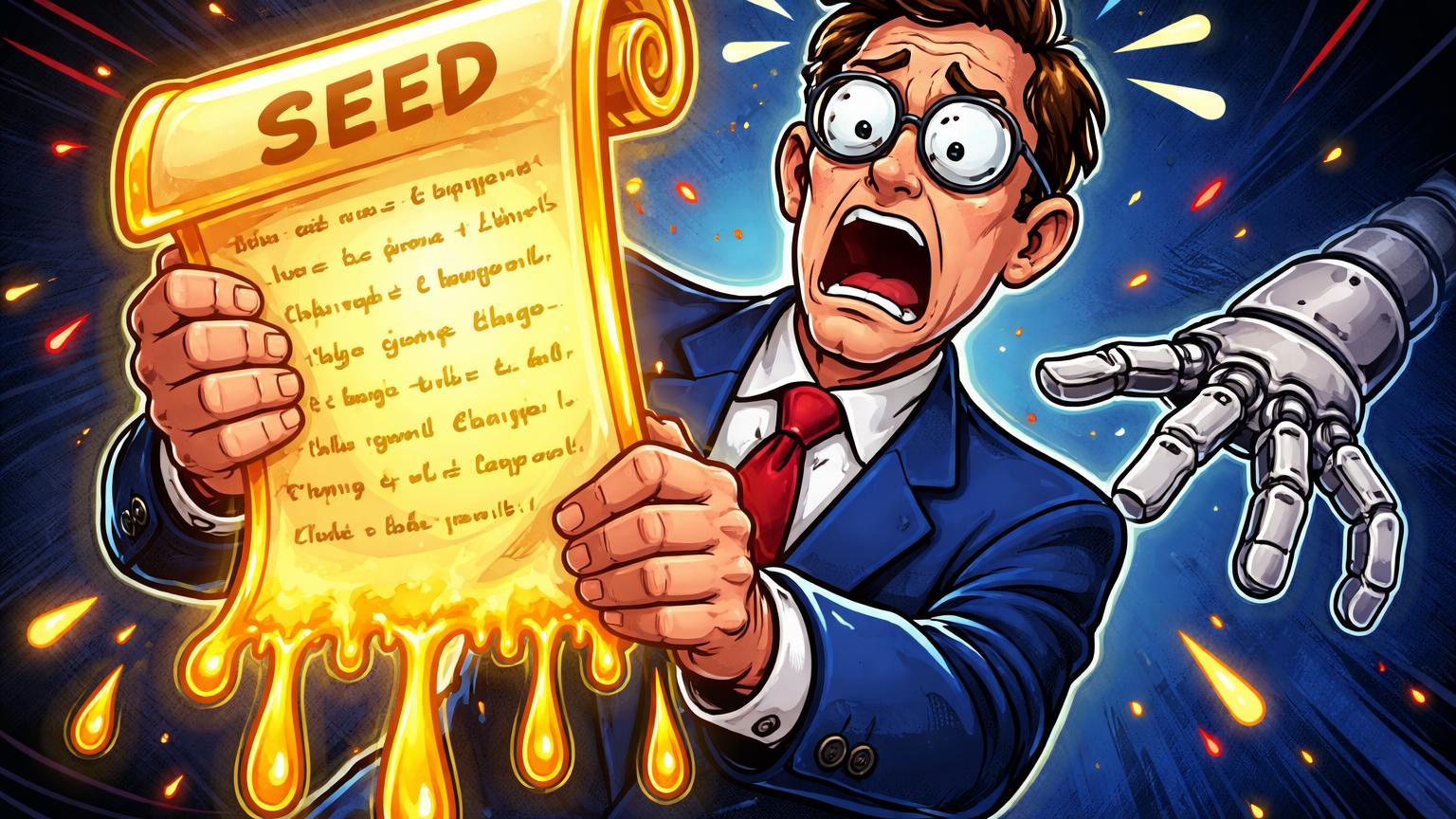 Personagem cartoon com rosto de susto segurando pergaminho com letras embaralhadas, representando o vazamento de seed phrase na Coreia do Sul.