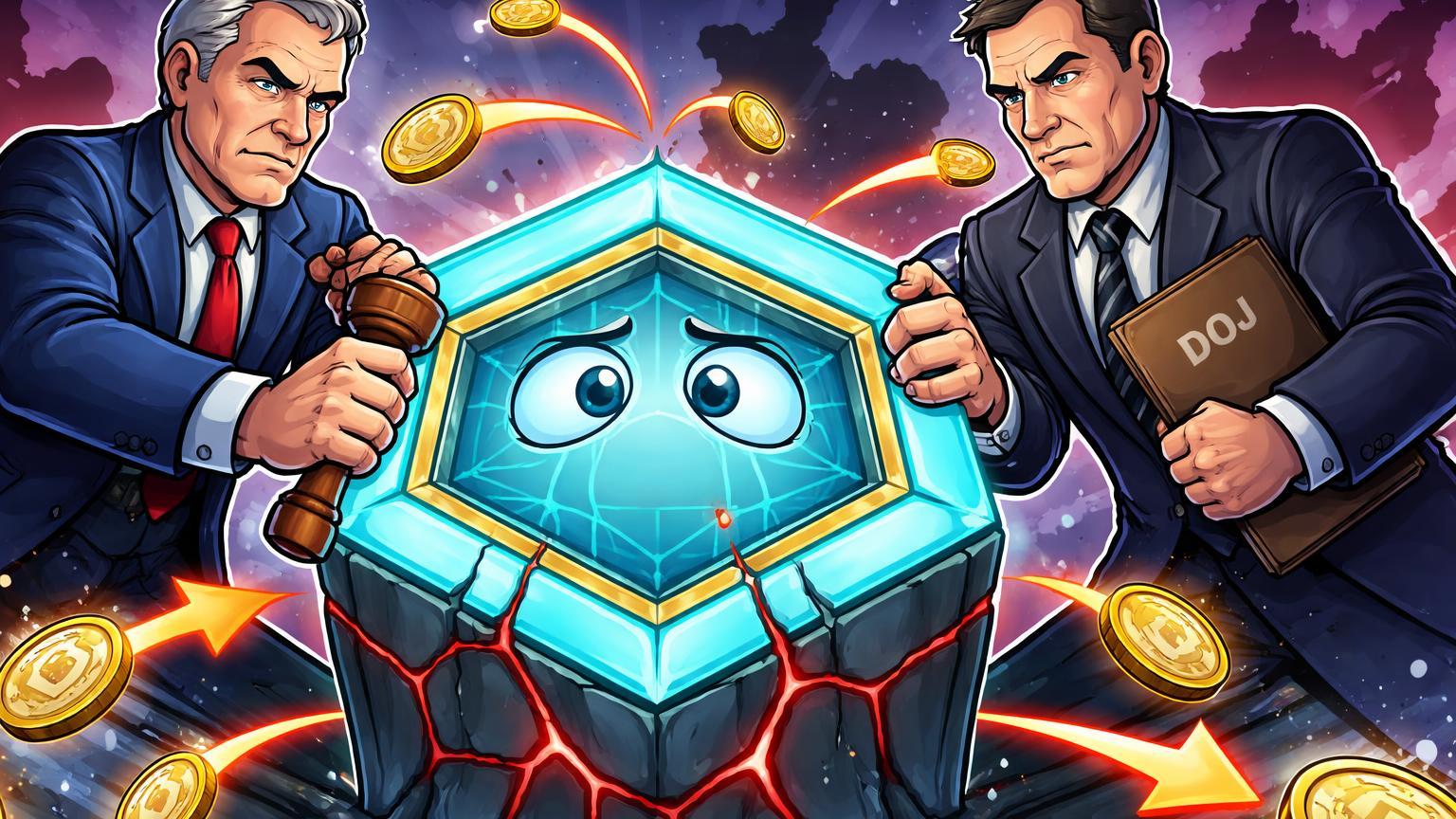 Personagens cartoon de reguladores EUA apertando fortaleza digital de exchange com rachaduras vermelhas, simbolizando investigações da Binance por sanções e DOJ