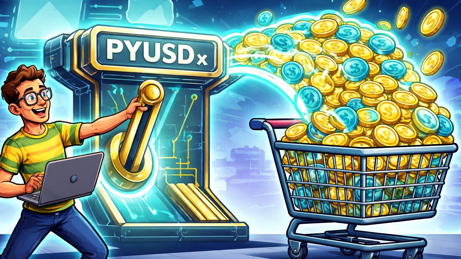Desenvolvedor cartoon ativando framework PYUSDx liberando stablecoins para carrinho de compras, simplificando pagamentos diários com PayPal e MoonPay