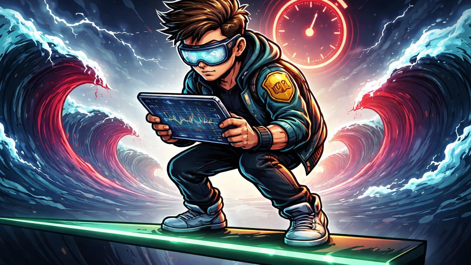 Trader cartoon equilibrado em linha de suporte crucial com tablet de RSI e ADX, nuvens de volatilidade ao fundo para análise pré-resultados Webull BULL