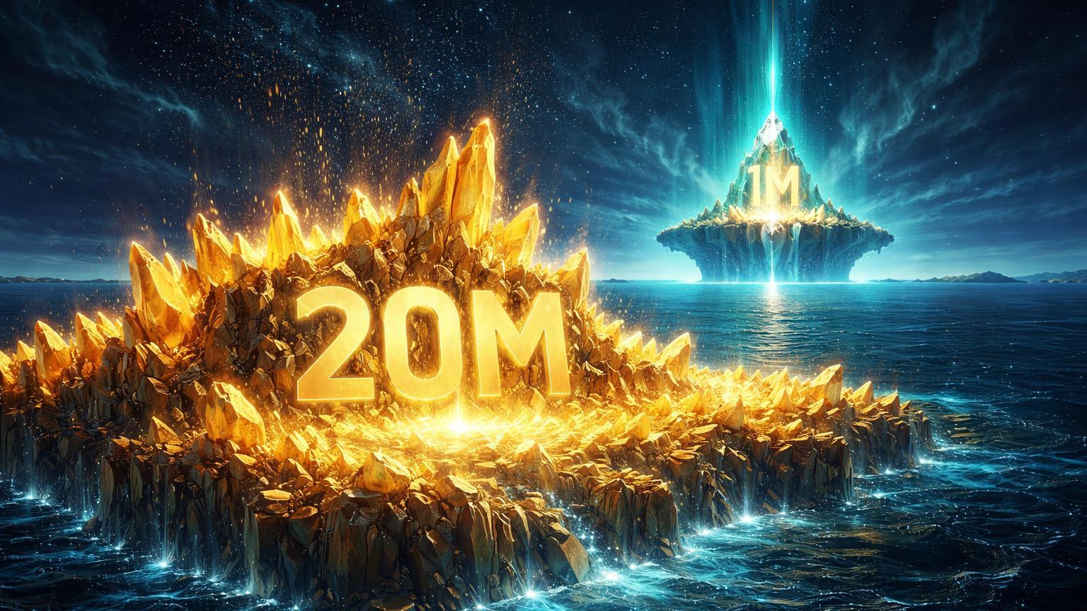 Massa continental de cristais dourados com '20M' esculpido e ilha distante '1M' luminosa, ilustrando escassez do Bitcoin com 20 milhões minerados