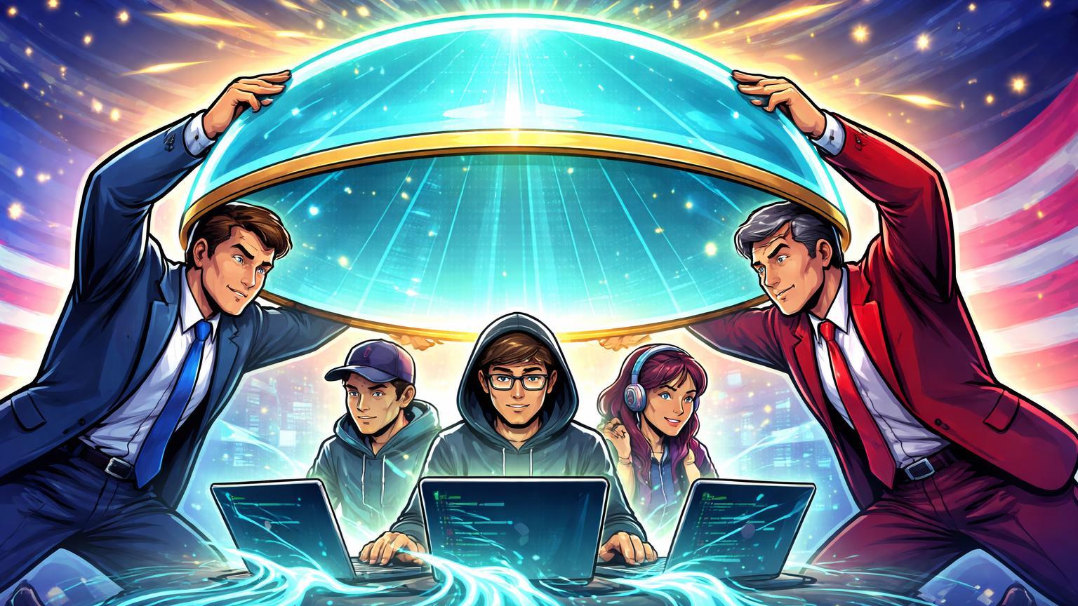 Legisladores cartoon bipartidários erguendo escudo protetor sobre desenvolvedores blockchain codificando, simbolizando nova lei de proteção nos EUA