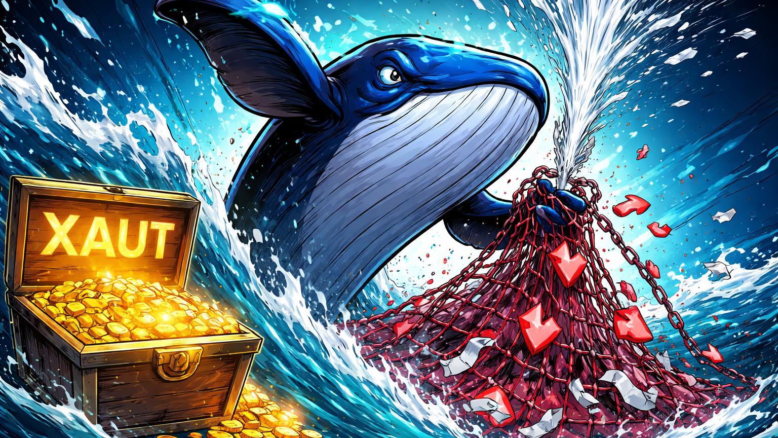 Baleia cartoon rompendo rede de shorts com gêiser de prata jorrando e baú de ouro XAUT aberto, simbolizando short squeeze e fluxo Tether em RWAs