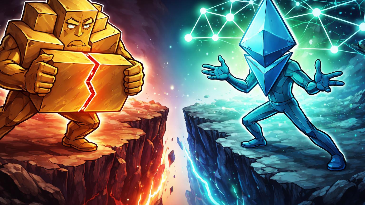 Personagens cartoon Guardião Bitcoin com bloco rachado e Visionário Ethereum expandindo rede, simbolizando debate hard fork Mt. Gox vs inovação ETH