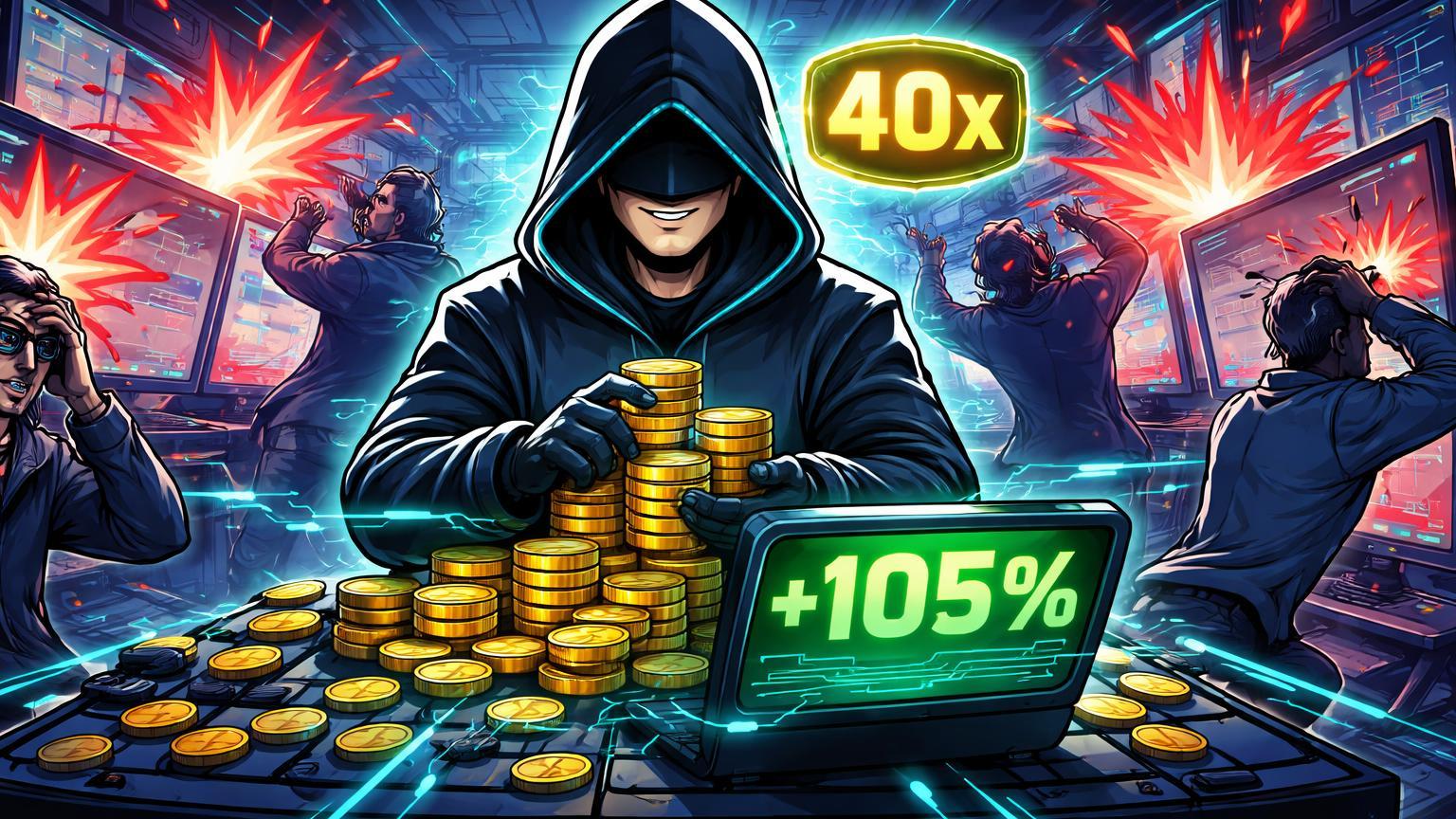 Trader insider cartoon confiante lucrando 105% em short 40x BTC enquanto outros sofrem liquidações caóticas, sugerindo smart money ou manipulação