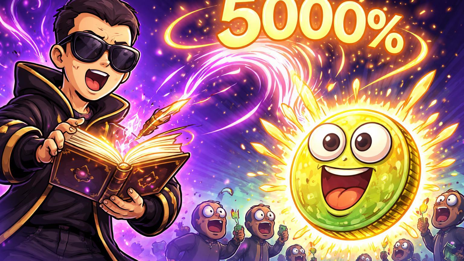 Personagem CZ cartoon como mago conjurando feitiço sobre meme coin explodindo 5000%, satirizando irracionalidade no mercado de memes