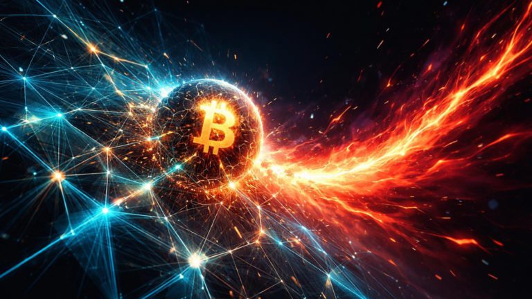 Rede cristalina cyan rachando sob onda de choque vermelha flamejante, simbolizando impacto do conflito no Ira no ecossistema cripto e volatilidade do Bitcoin