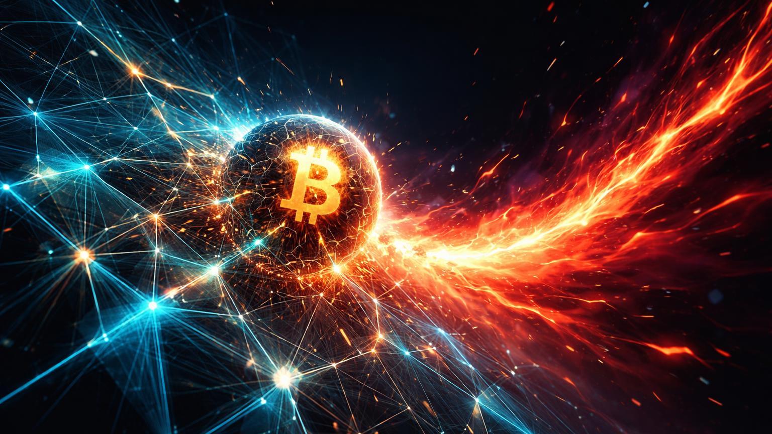 Rede cristalina cyan rachando sob onda de choque vermelha flamejante, simbolizando impacto do conflito no Ira no ecossistema cripto e volatilidade do Bitcoin