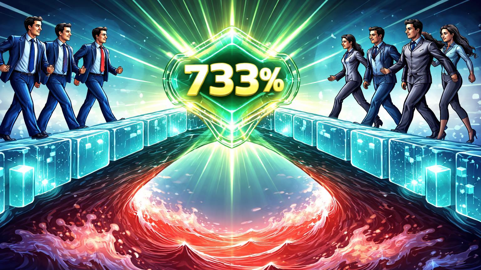 Executivos cartoon de empresas B2B caminhando sobre ponte cristalina de stablecoins com '733%' luminoso, sobre oceano volátil, simbolizando adoção explosiva