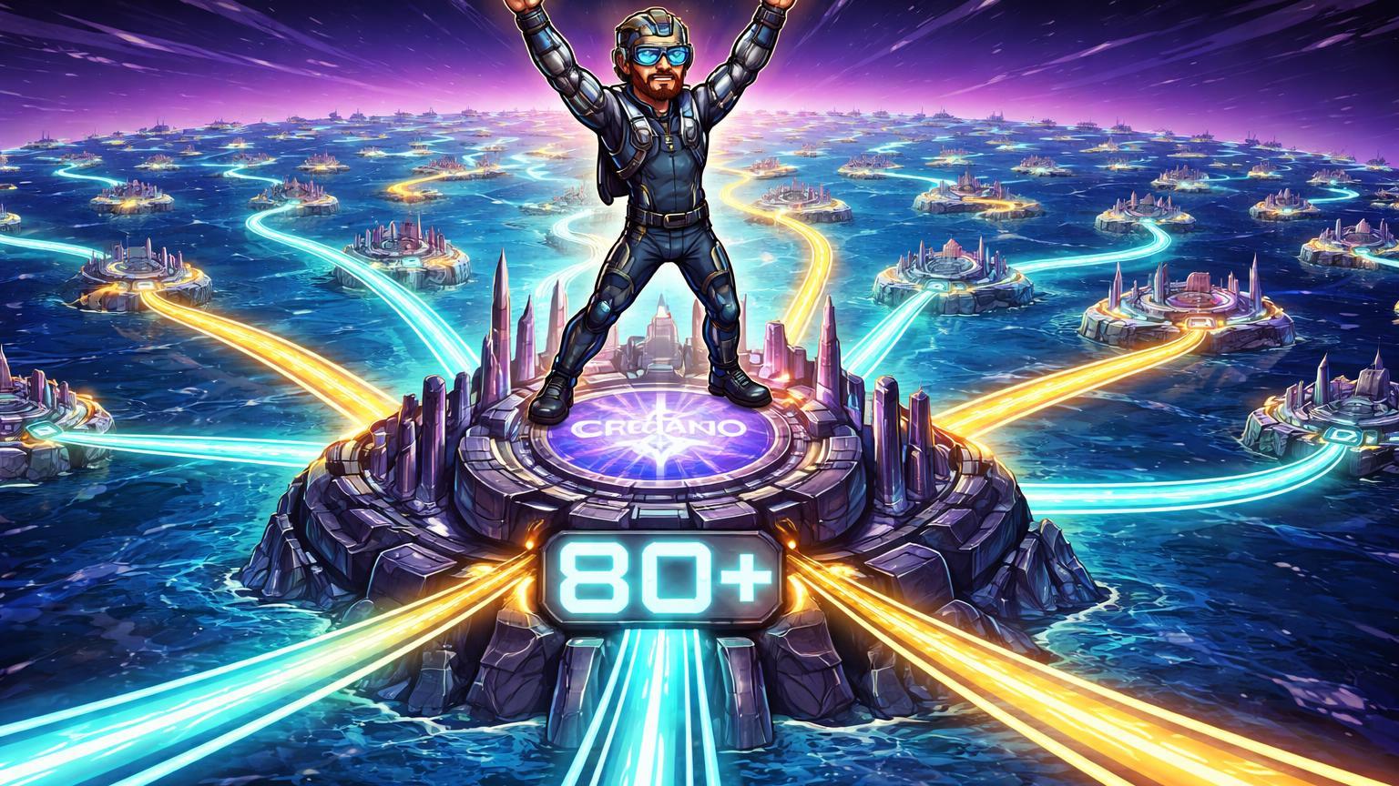 Personagem cartoon visionário conectando ilha Cardano a 80+ blockchains via pontes luminosas cyan e douradas, simbolizando interoperabilidade via LayerZero