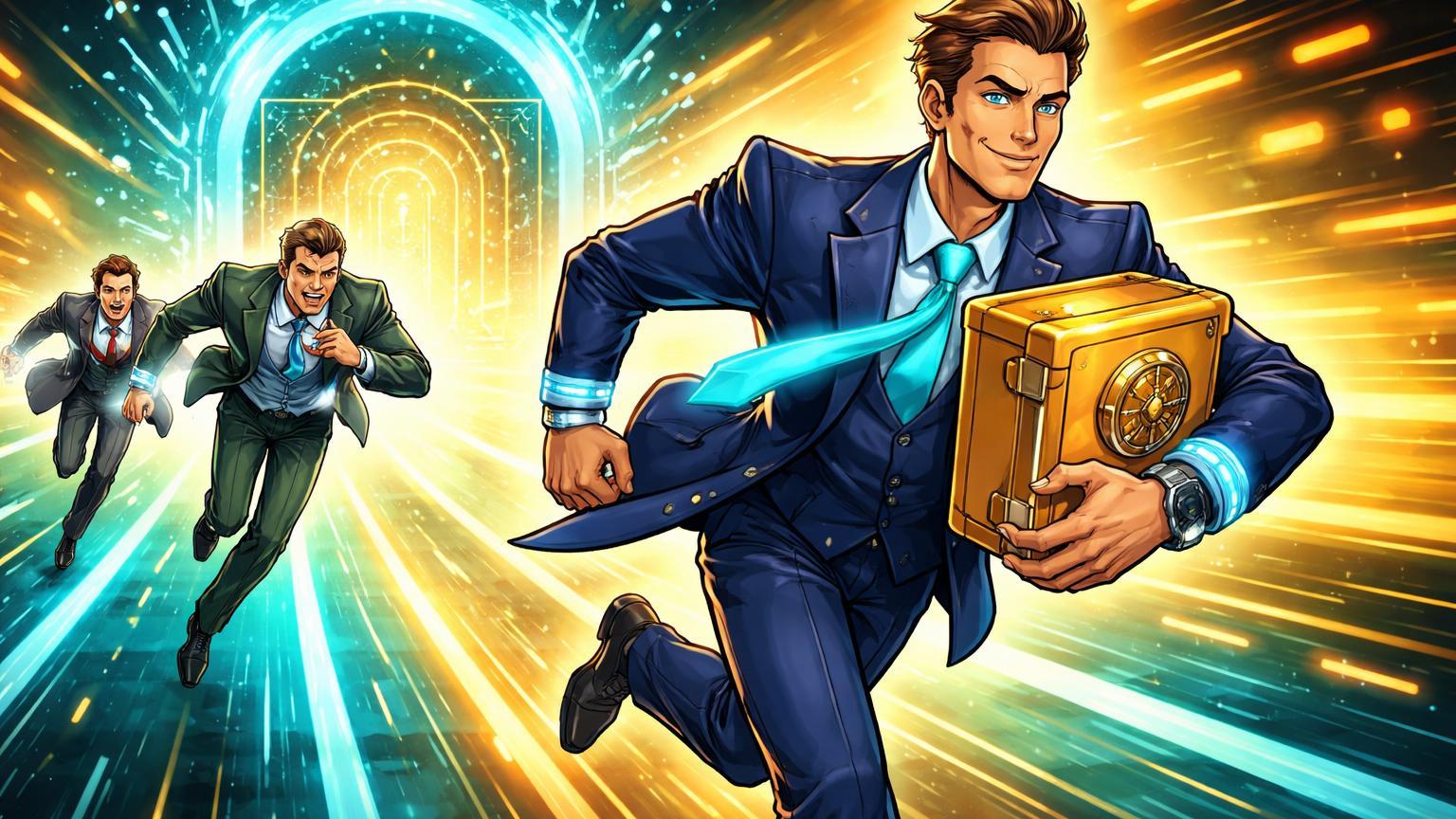 Executivos cartoon de bancos em corrida digital, Morgan Stanley liderando rivais rumo a portal cripto, simbolizando adoção institucional