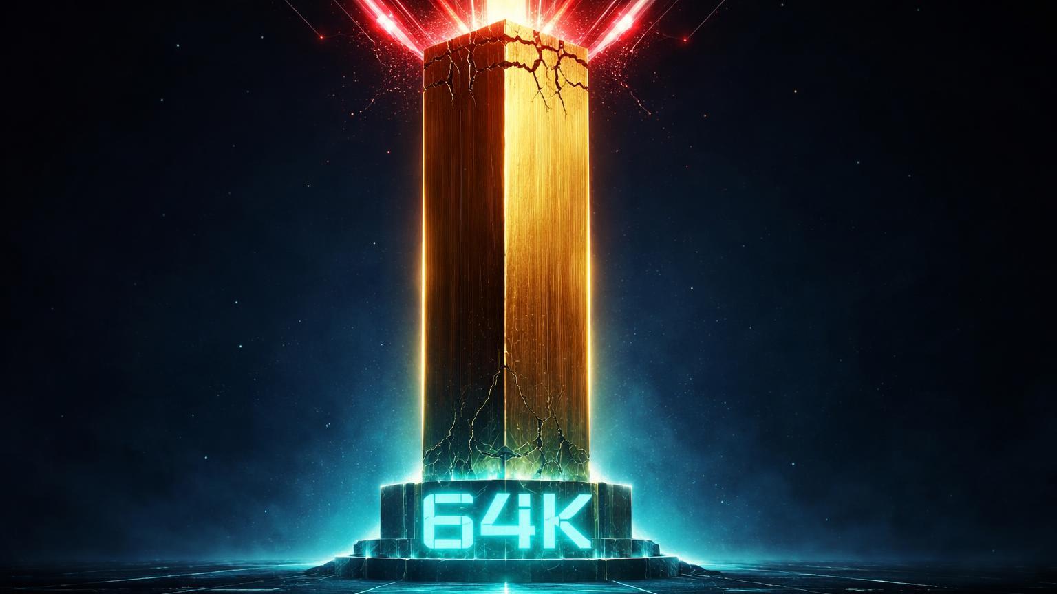 Pilar dourado sob teste de estresse com '64K' na base luminosa, simbolizando suporte do Bitcoin sem capitulação total em análise on-chain
