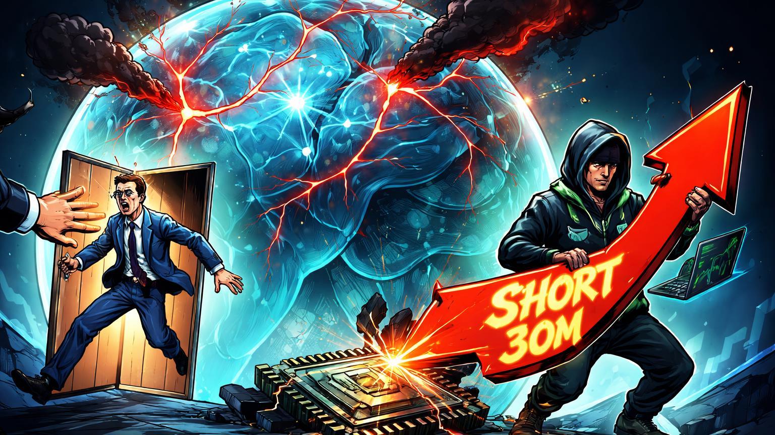 Bolha de IA cartoon tremendo com rachaduras, executivo demitido saindo e trader short contra chip NVIDIA, alertando riscos na euforia tech