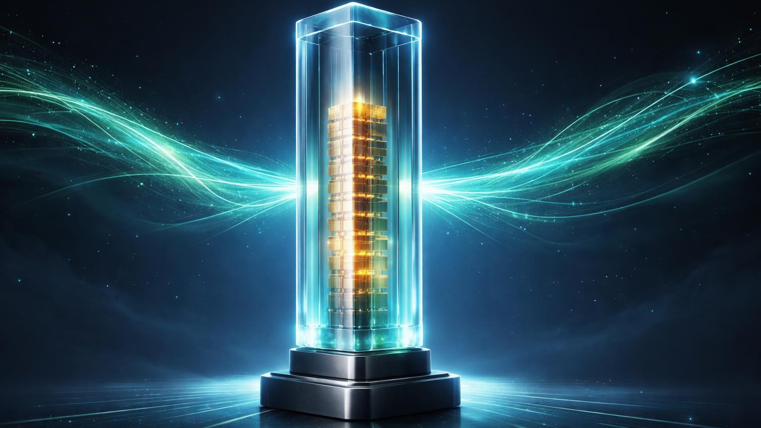 Pilar de vidro translúcido revelando reservas douradas internas e fluxos de energia verde-cyan, simbolizando transparência total em stablecoins