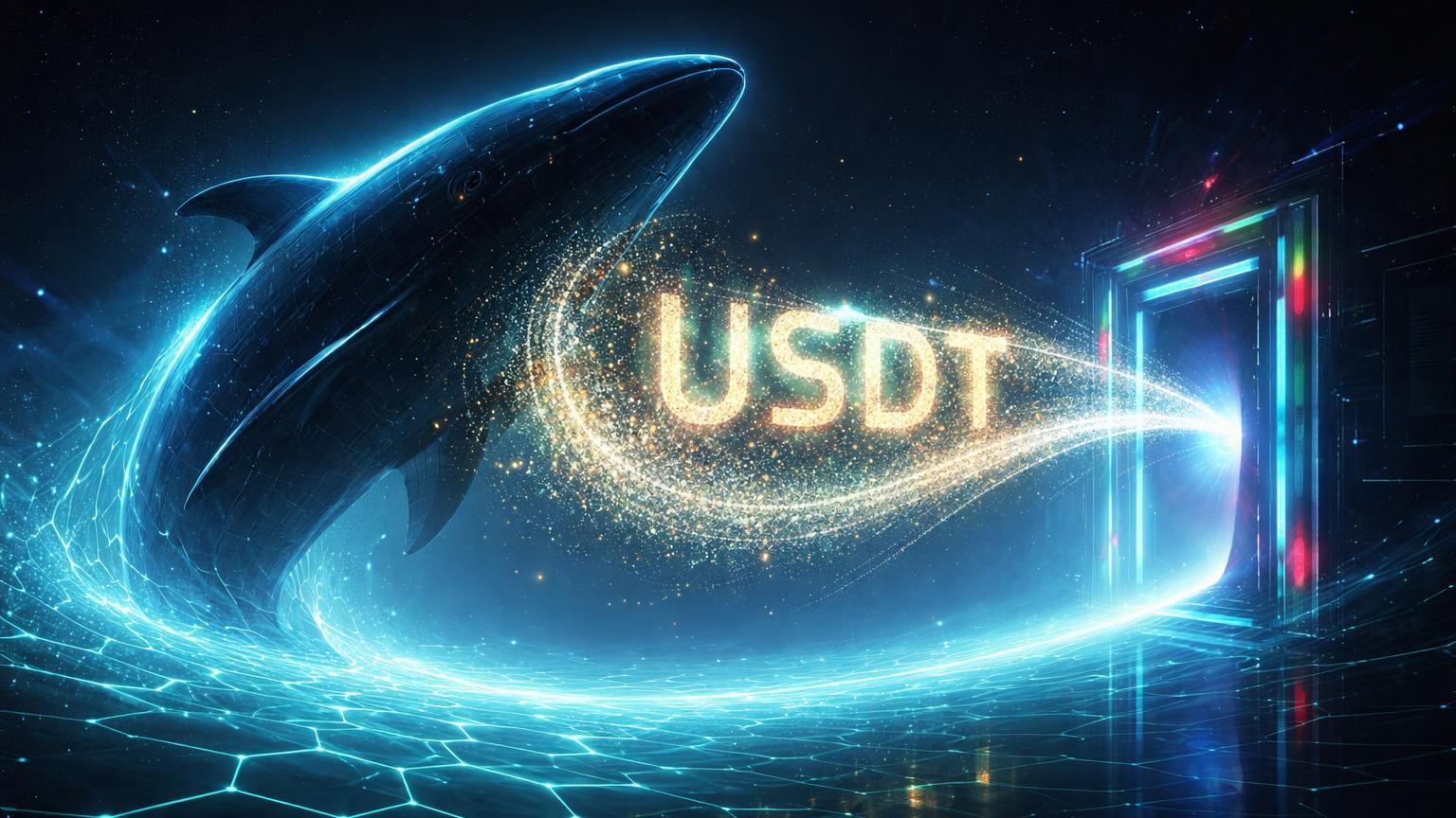 Silhueta cyberpunk de baleia guiando fluxo luminoso de USDT de estrutura DeFi para portal de exchange, sinalizando movimento massivo