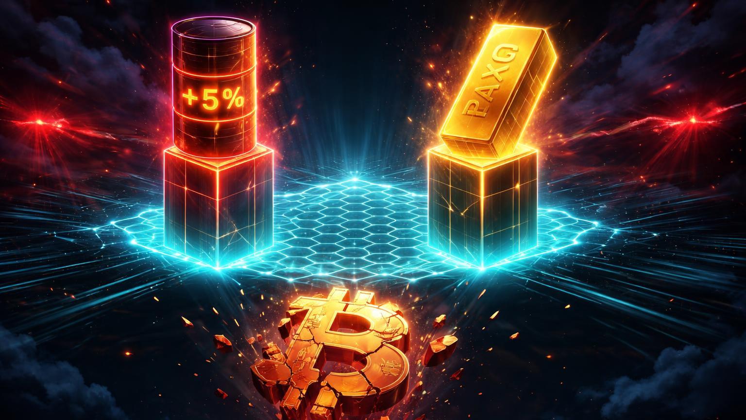Rede DeFi cyan com pilares de petróleo (+5%) e ouro PAXG elevados sobre BTC rachando em tempestade vermelha geopolítica