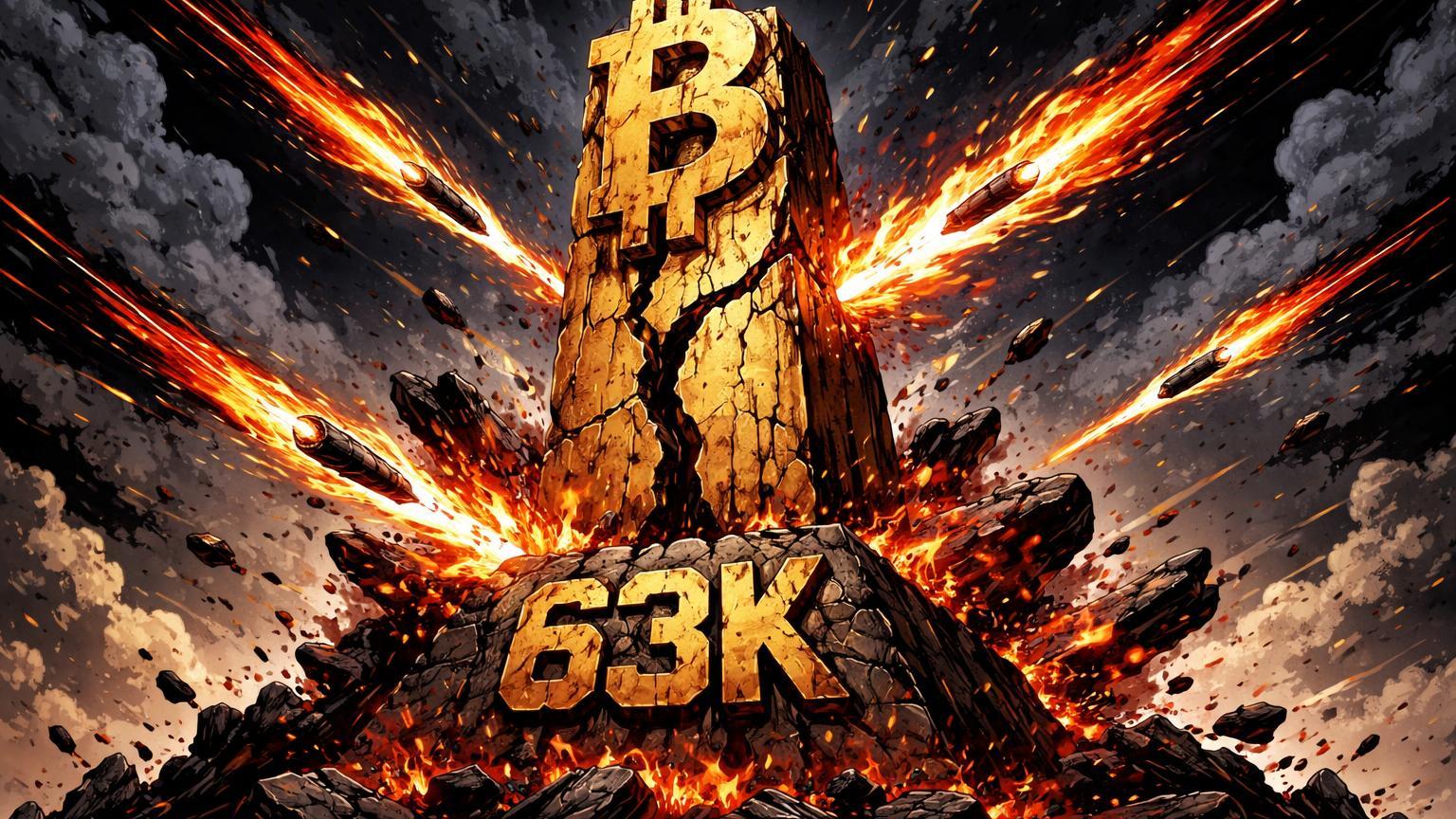 Torre dourada do Bitcoin rachando sob impactos de mísseis vermelhos com 63K na base, ilustrando queda de 7% por tensões iranianas