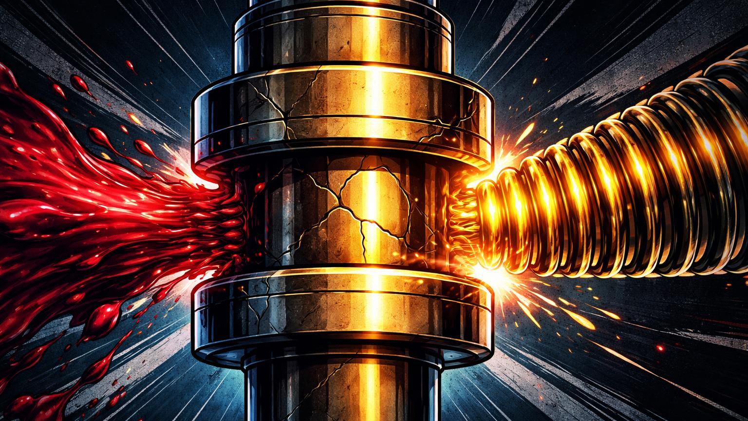 Pistão dourado comprimido por fluido vermelho de liquidações com mola tensionada, sinalizando short squeeze potencial no Bitcoin