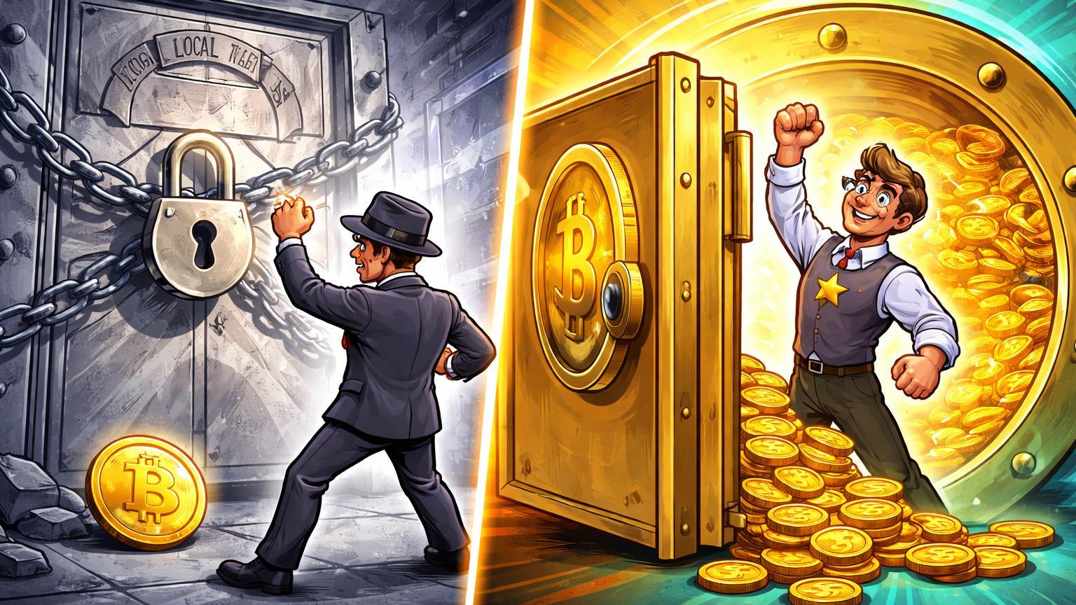 Personagens cartoon contrastando: prefeito bloqueado por porta trancada em Vancouver e governador aprovando fluxo BTC em cofre de aposentadorias de Indiana