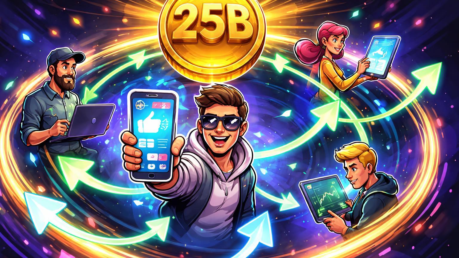 Influenciador cartoon no centro de órbita com traders conectados por trades on-chain e selo '25B' dourado, simbolizando lançamento OKX Orbit validado pela NYSE