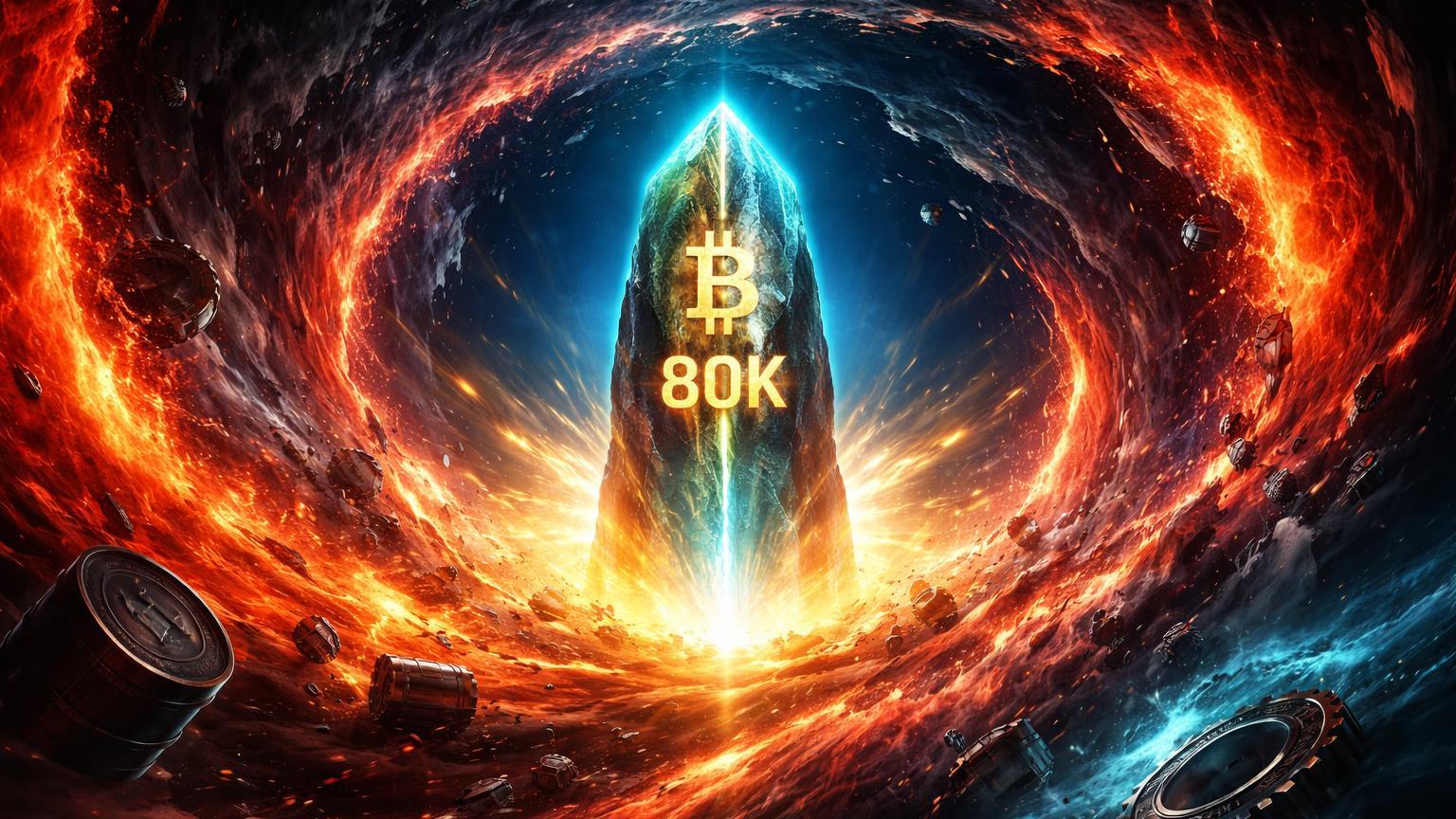 Vórtice caótico vermelho com núcleo Bitcoin dourado marcado 80K, simbolizando previsão bullish de Hayes apesar riscos de guerra e inflação