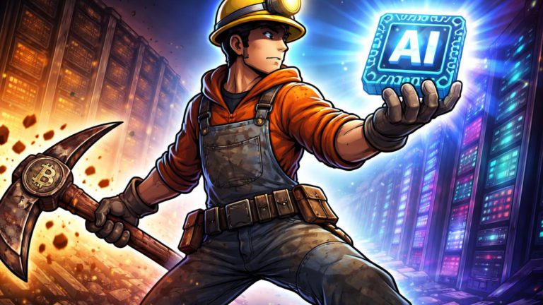 Minerador cartoon largando picareta BTC para pegar chip AI, simbolizando pivot da Bitdeer de mining para infraestrutura de IA