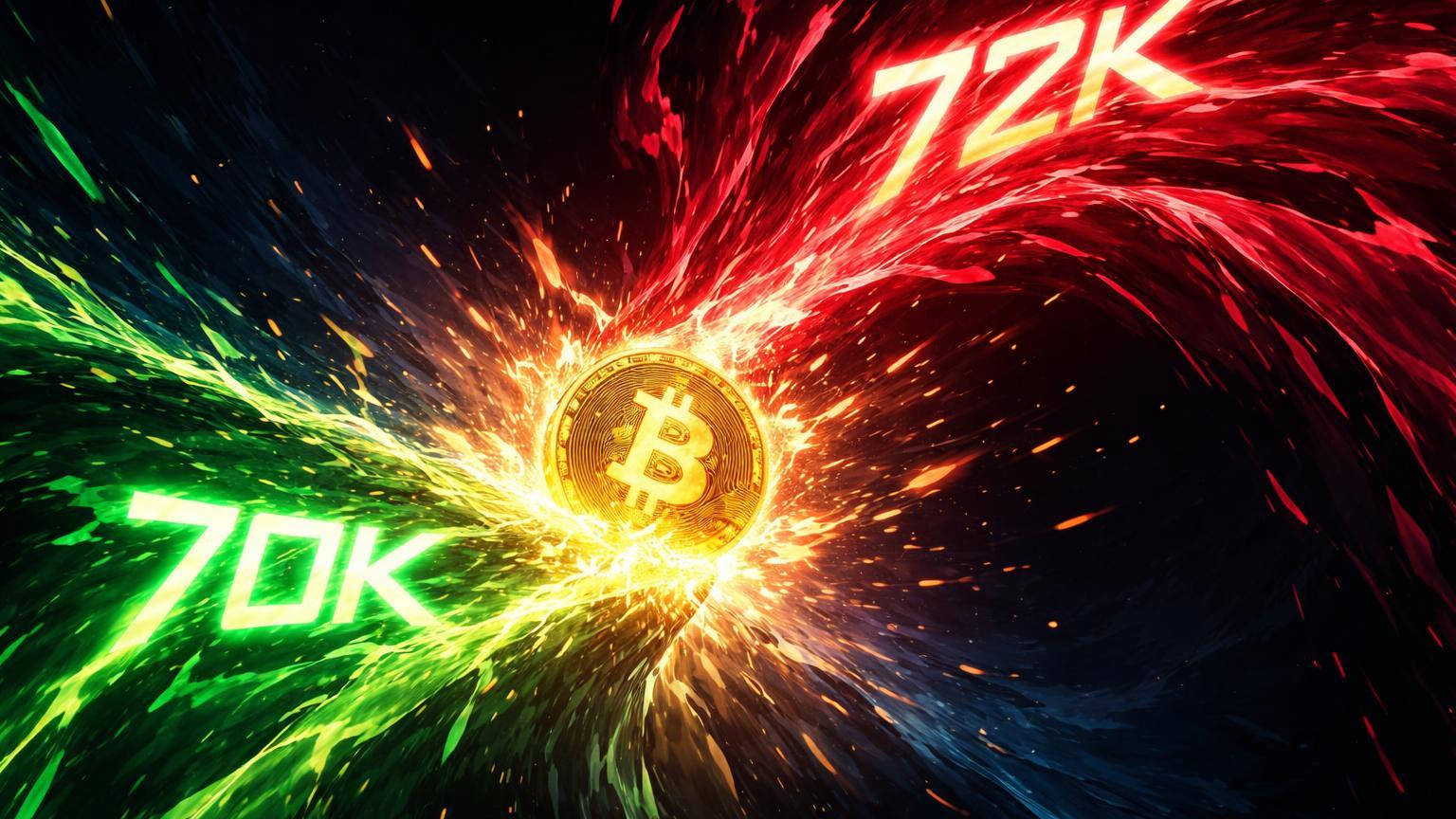 Ondas vermelhas massivas e verdes colidindo em núcleo dourado do Bitcoin, simbolizando batalha de liquidações em US$ 70-72 mil