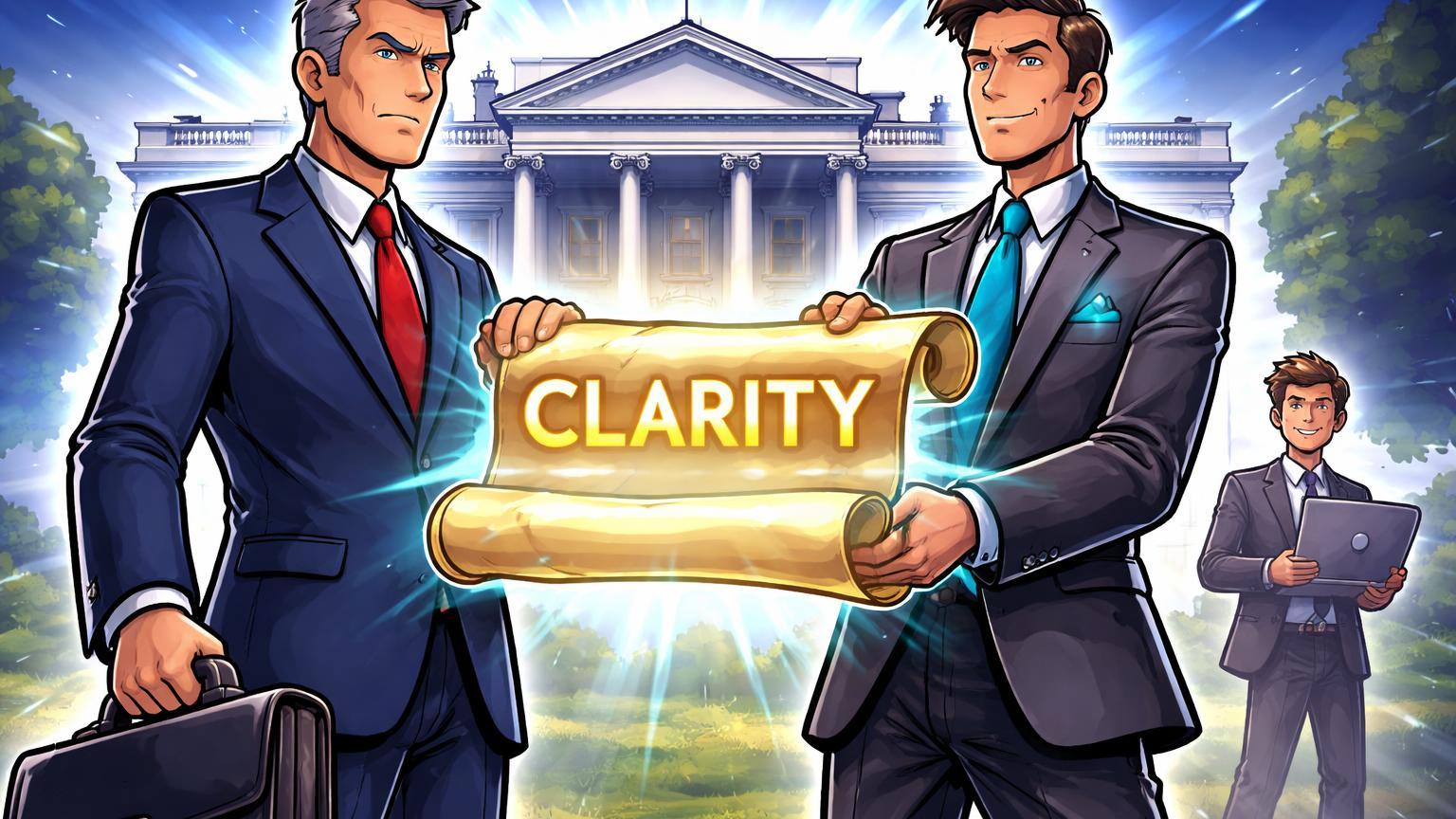 Personagens cartoon de SEC e CFTC entregando pergaminho CLARITY à Casa Branca, simbolizando aprovação urgente de lei cripto e fim da incerteza