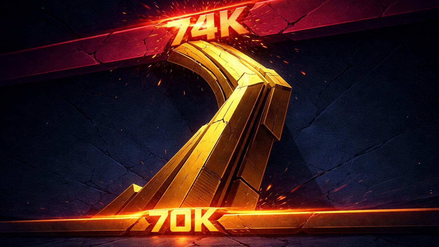 Estrutura dourada bold repelida por barreira vermelha em 74K e tensionando suporte laranja em 70K, sinalizando riscos de queda no Bitcoin