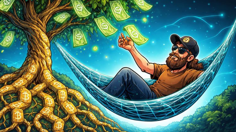 Hodler cartoon relaxado colhendo dólares de árvore com raízes em blocos Bitcoin, simbolizando empréstimos com BTC como garantia sem vender