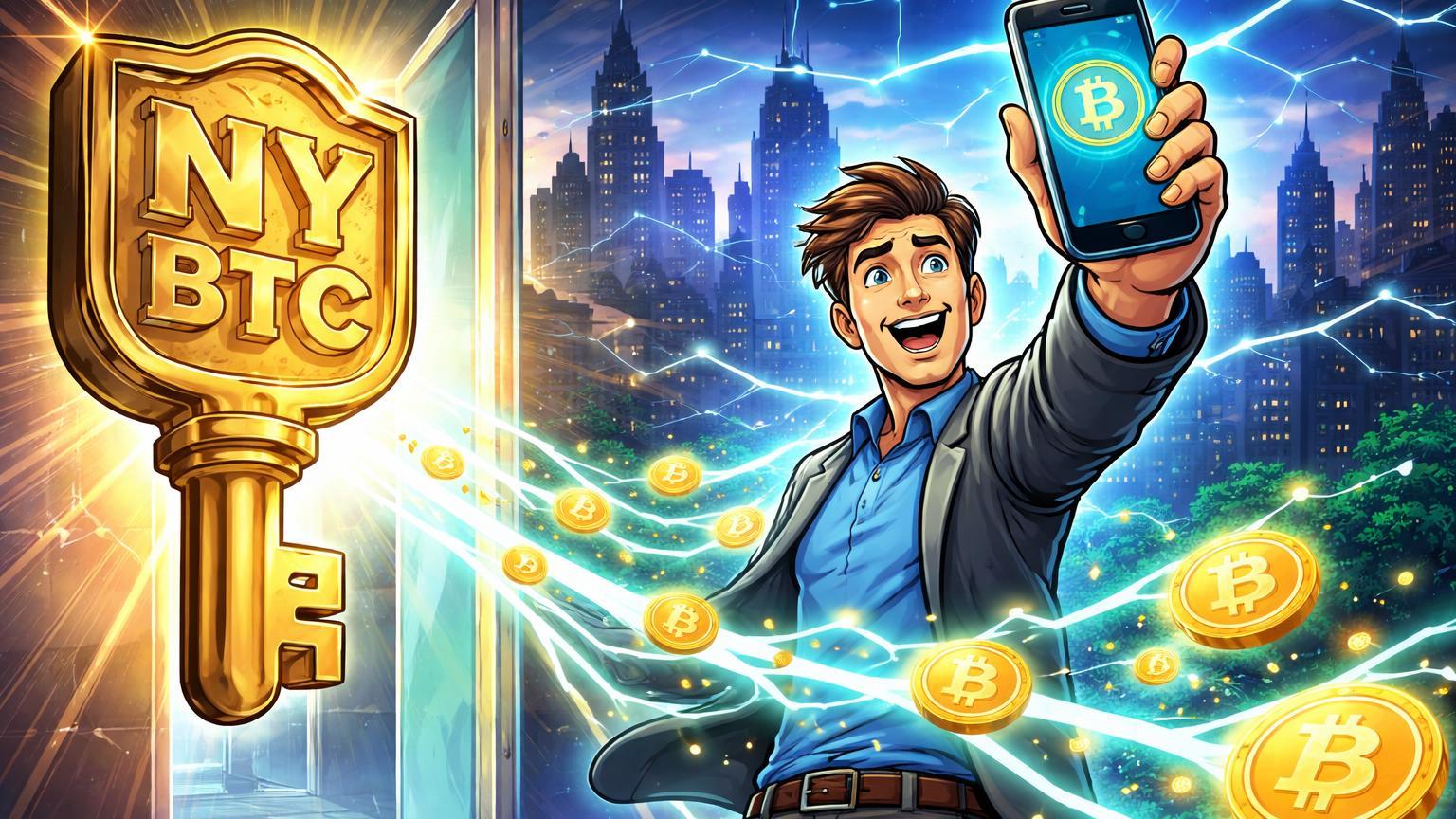 Trabalhador cartoon recebendo raios Lightning com BTC de smartphone, destravado por chave BitLicense NY, simbolizando salário prático em Bitcoin