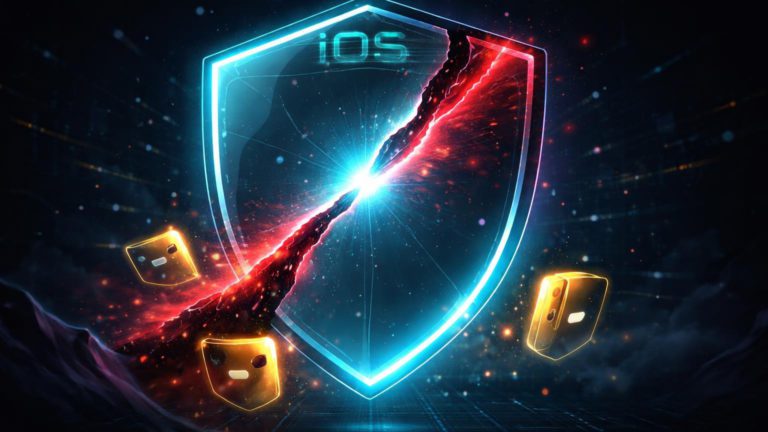 Escudo iOS hexagonal com rachadura vermelha selada por luz cyan, silhuetas de carteiras escapando, alertando vulnerabilidades corrigidas em iPhones