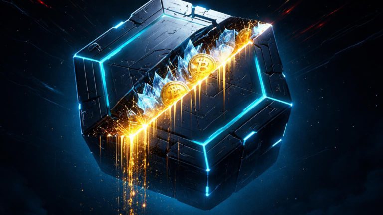 Cofre digital rachado vazando ouro com BTC congelados em cristais de gelo, simbolizando crise e riscos na BlockFills