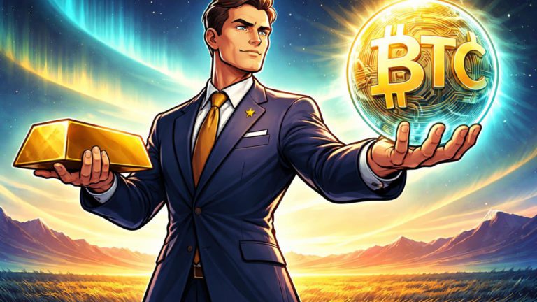 Executivo cartoon de banco central trocando lingote de ouro por esfera Bitcoin com 'BTC' luminosa, simbolizando venda de reservas para adoção cripto no Cazaquistão