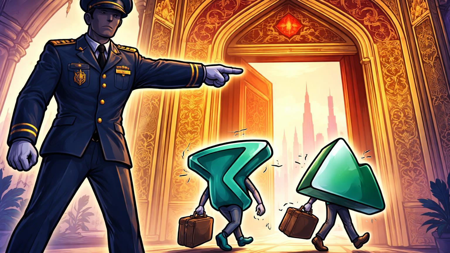 Figura regulatória cartoon de Dubai expulsando personagens de exchanges sem licença pela porta monumental, ilustrando ordem da VARA