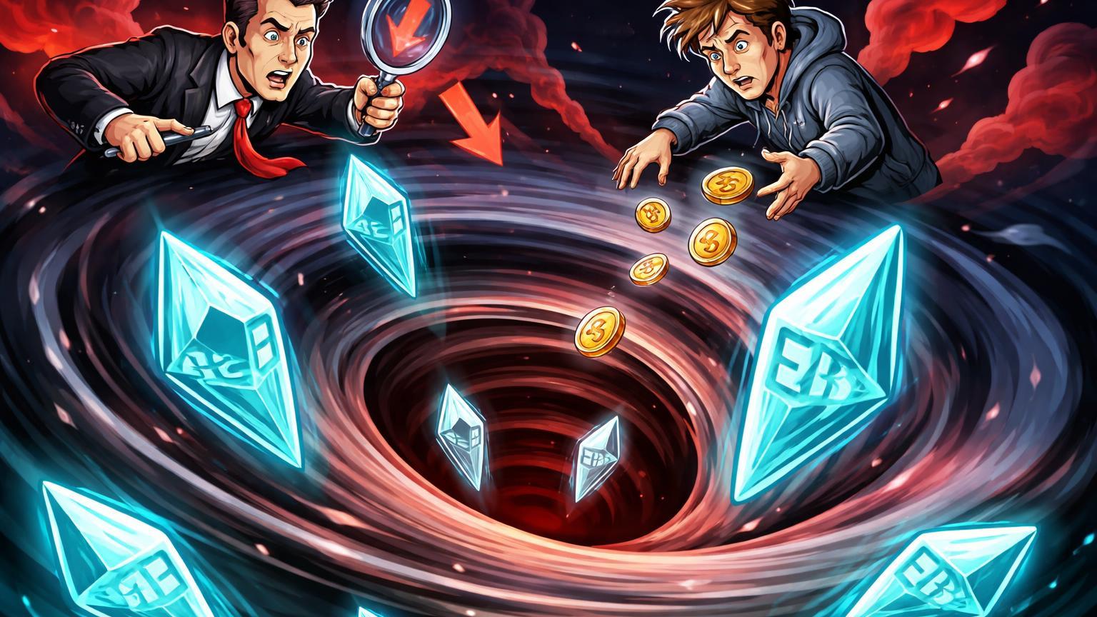 Espiral descendente sugando cristais ETH, analista cartoon short apontando e figura vendendo moedas, alertando colapso em Ethereum