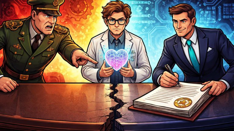 Personagens cartoon em mesa dividida: general veta cientista AI ético enquanto empresário assina contrato militar, expondo dilema das Big Techs