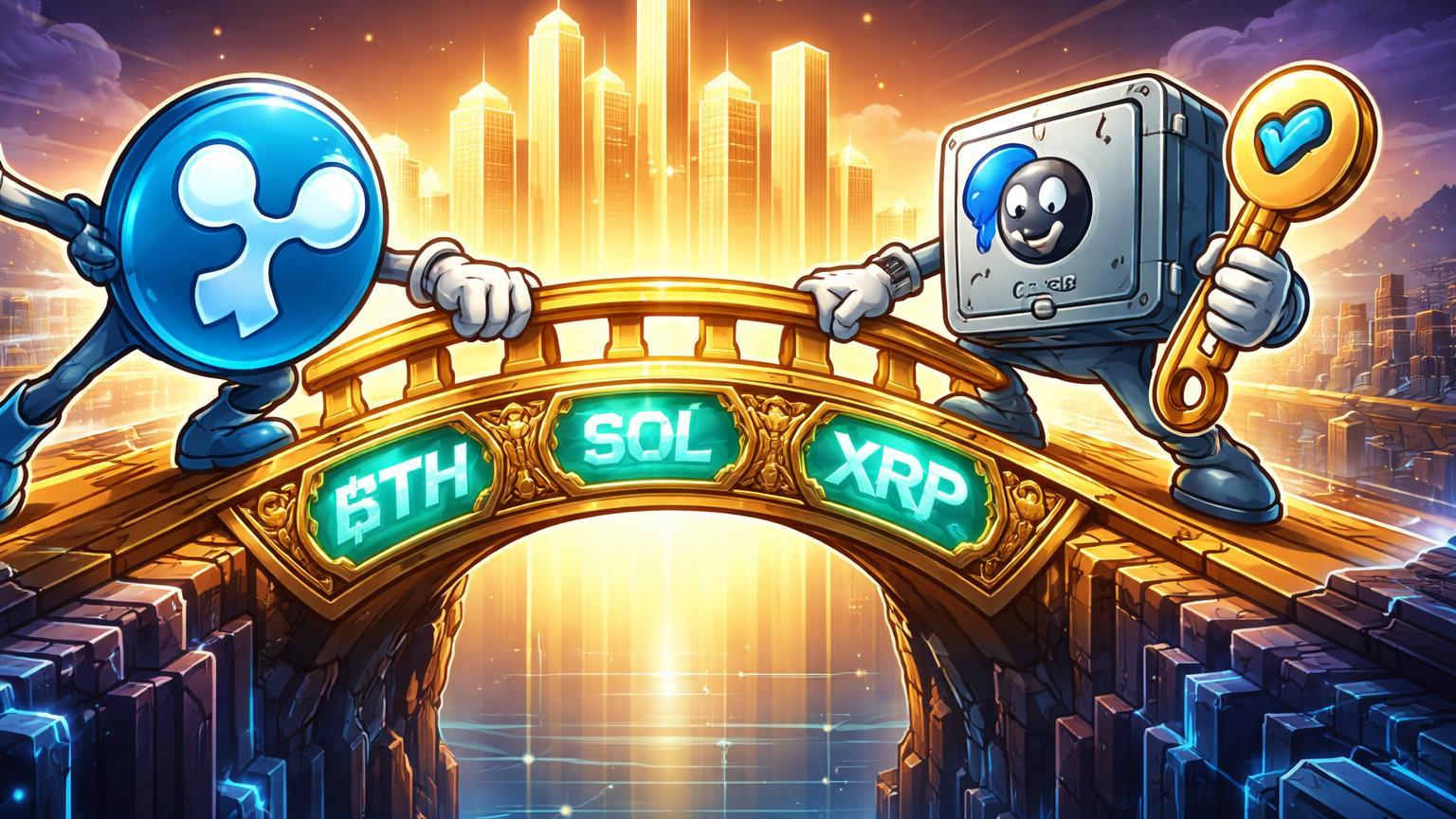 Personagens cartoon de Ripple e Coinbase inaugurando ponte dourada com selos BTC, ETH, SOL, XRP, levando a horizonte institucional